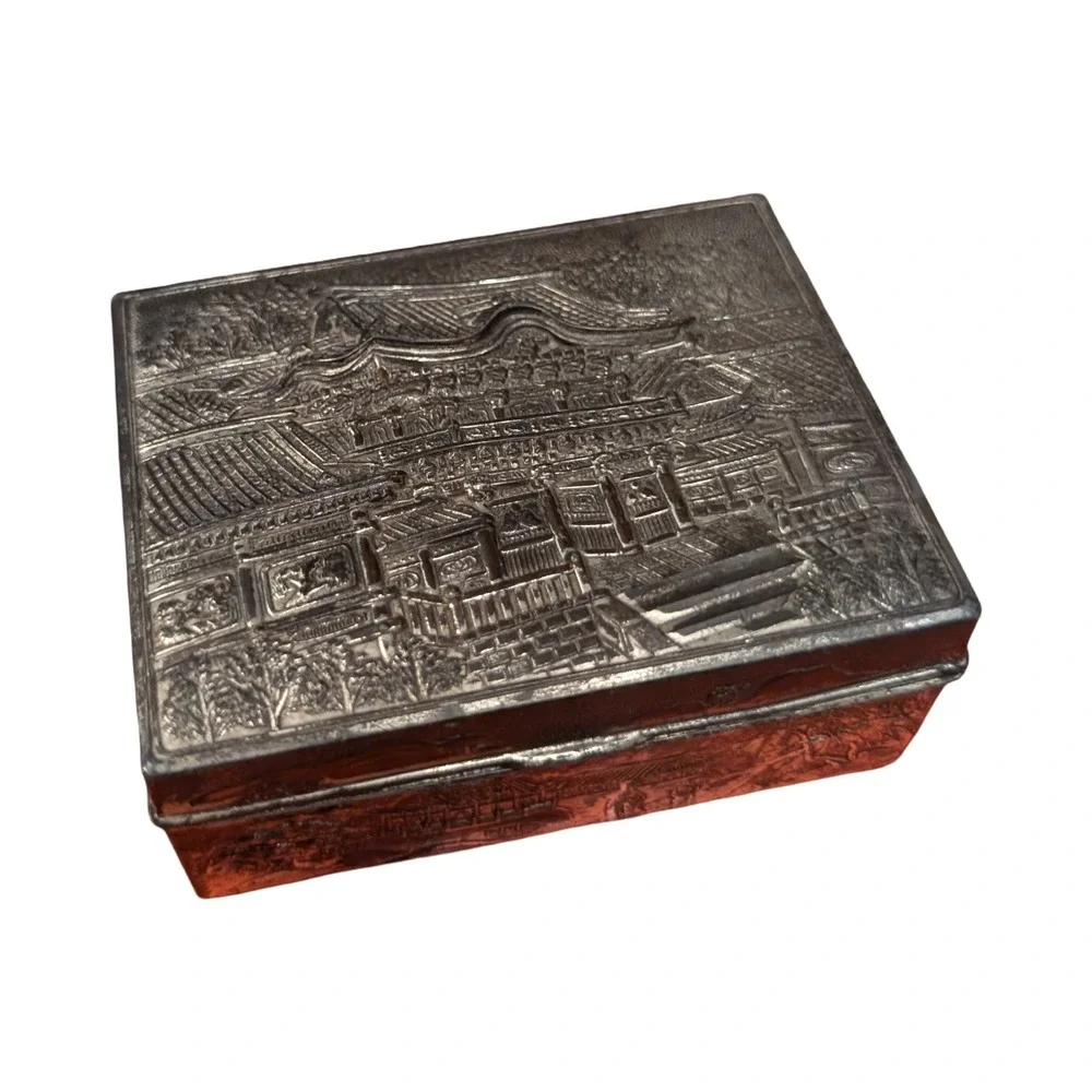 Vintage Japanese Mixed Metal Trinket Box Repousse Scenic‎ Temple Wood Lined